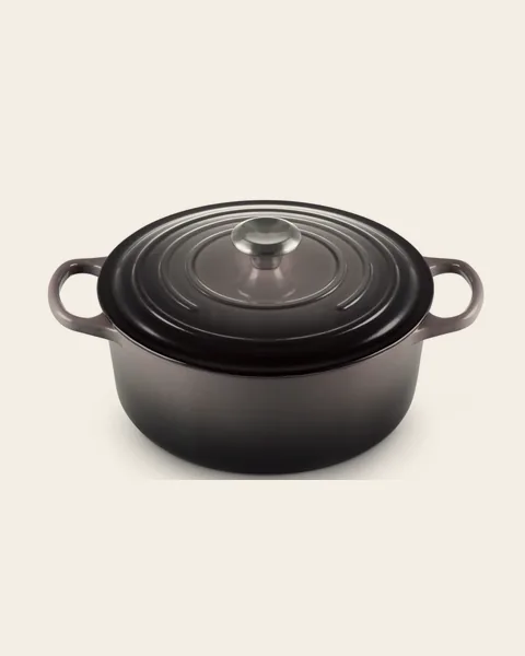 Round enameled cast-iron Dutch oven in a smoky grey finish