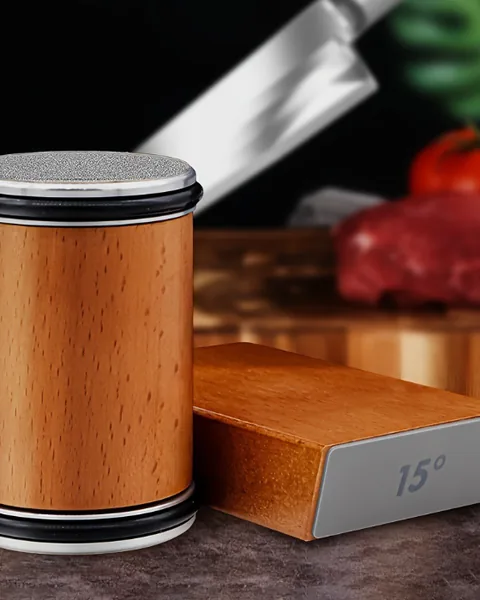 Wooden rolling knife sharpener beside its 15 degree angle block