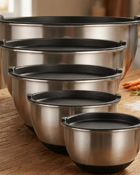 Five nested stainless steel mixing bowls with black lids on a wooden table